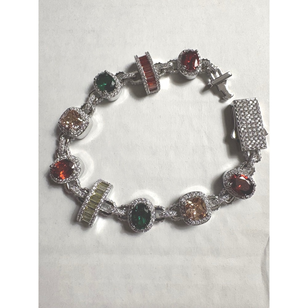 Multicolor Gemstone Tennis Link Bracelet Silver Tone 8 Inch Crystal Box Clasp